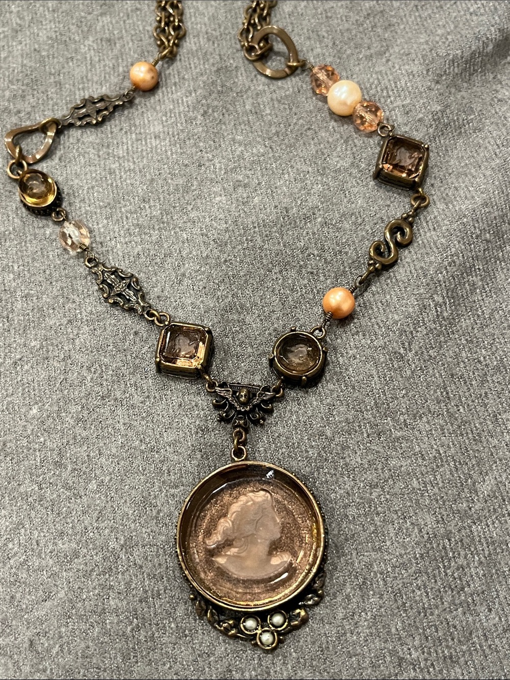 Extasia Intaglio Taupe Glass Cameo & Pearl Necklace